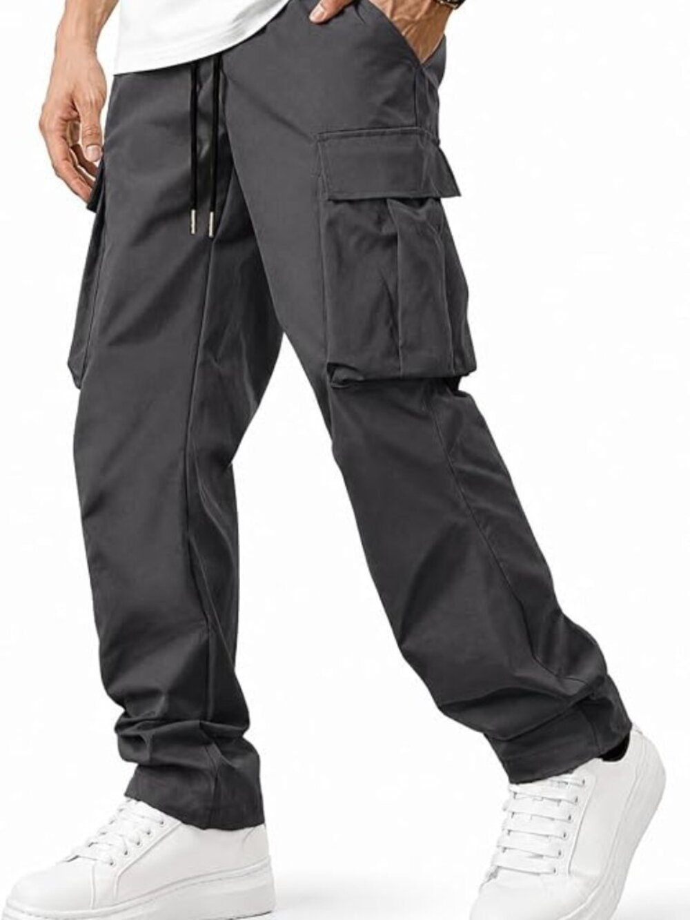 Men's Casual Cargo Pants Hiking Drawstring Pants Dark Grey